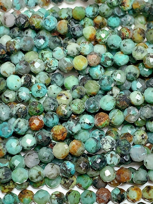 AAA African Natural Turquoise Faceted Round Beads Gemstone Strand 15.5"