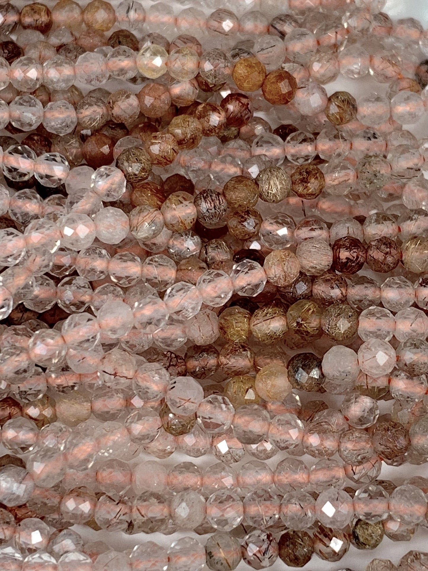 AAA Natural Gold Brown Clear Titanium Copper Rutilated Quartz Faceted Round Beads Gradient Shaded 15.5 Strand Micro Sparkle diamond