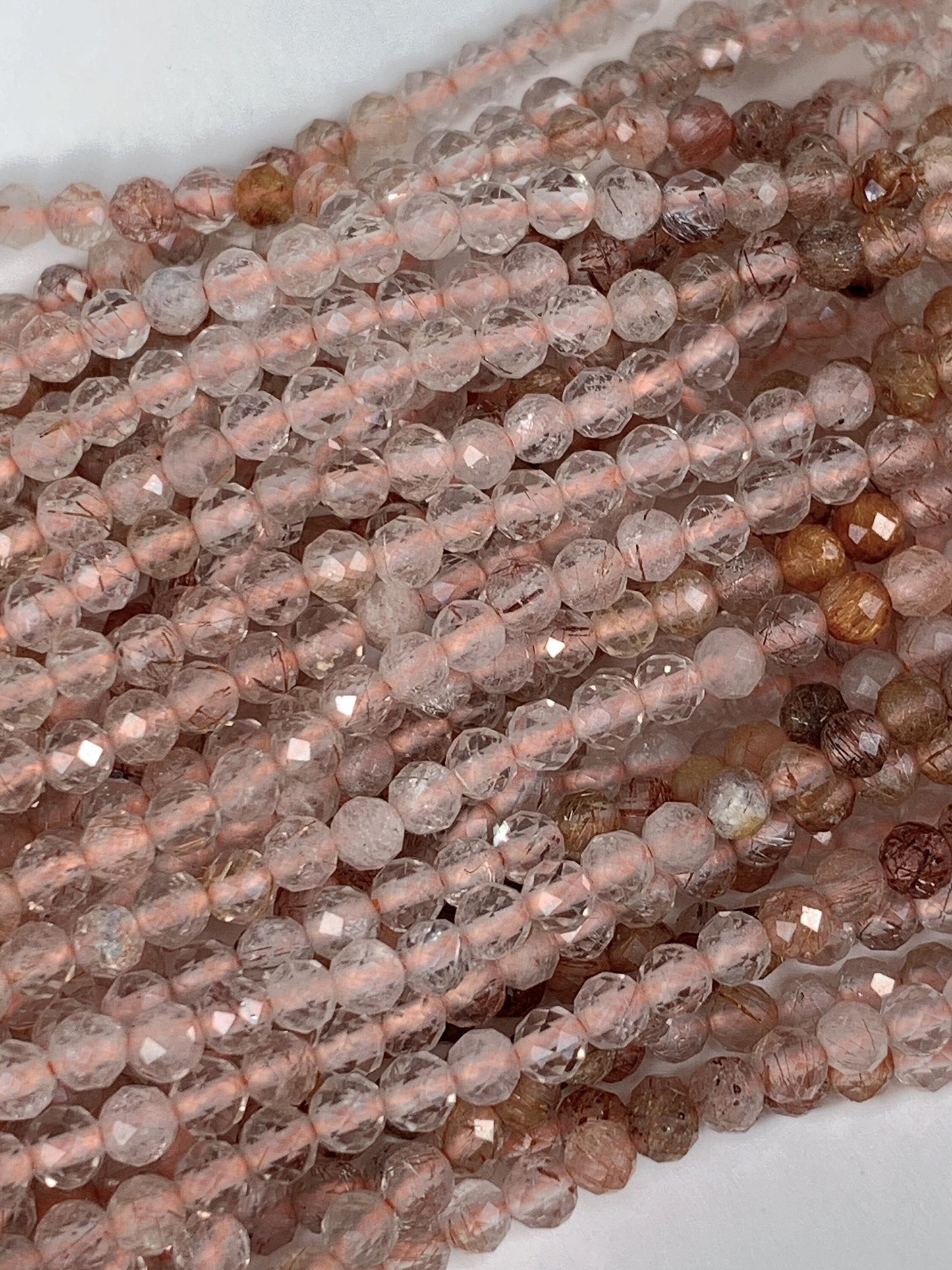 AAA Natural Gold Brown Clear Titanium Copper Rutilated Quartz Faceted Round Beads Gradient Shaded 15.5 Strand Micro Sparkle diamond