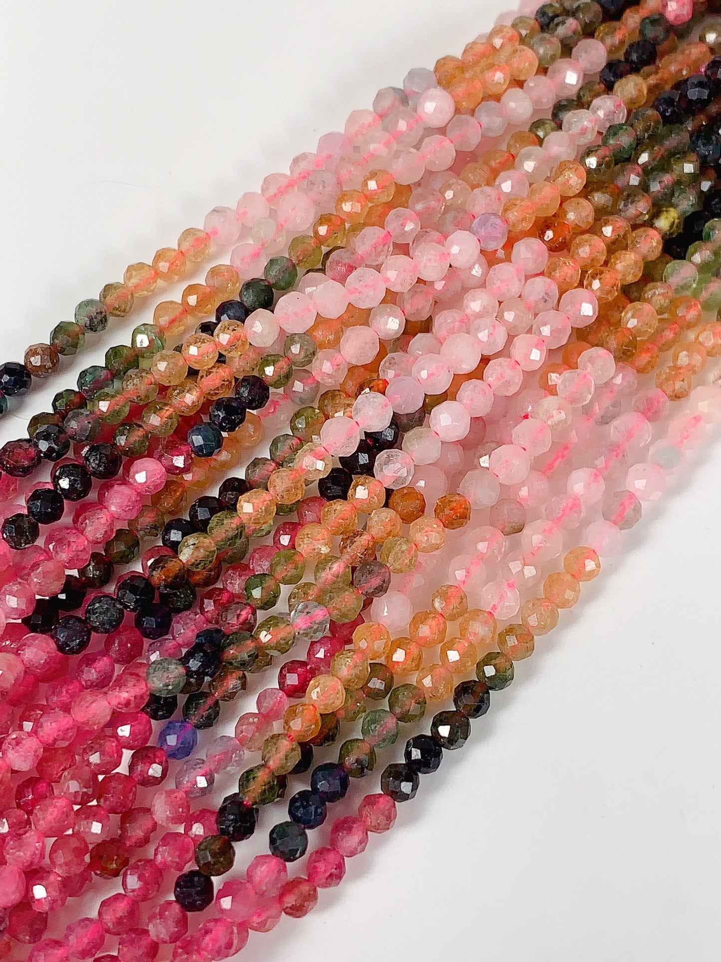 Rainbow Tourmaline Faceted Round Beads: Black, Green, Pink, Orange (15.5" Strand)