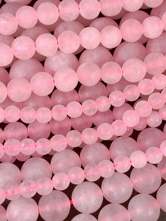 Natural Pink Rose Quartz Matte Round Beads - 15.5" Strand