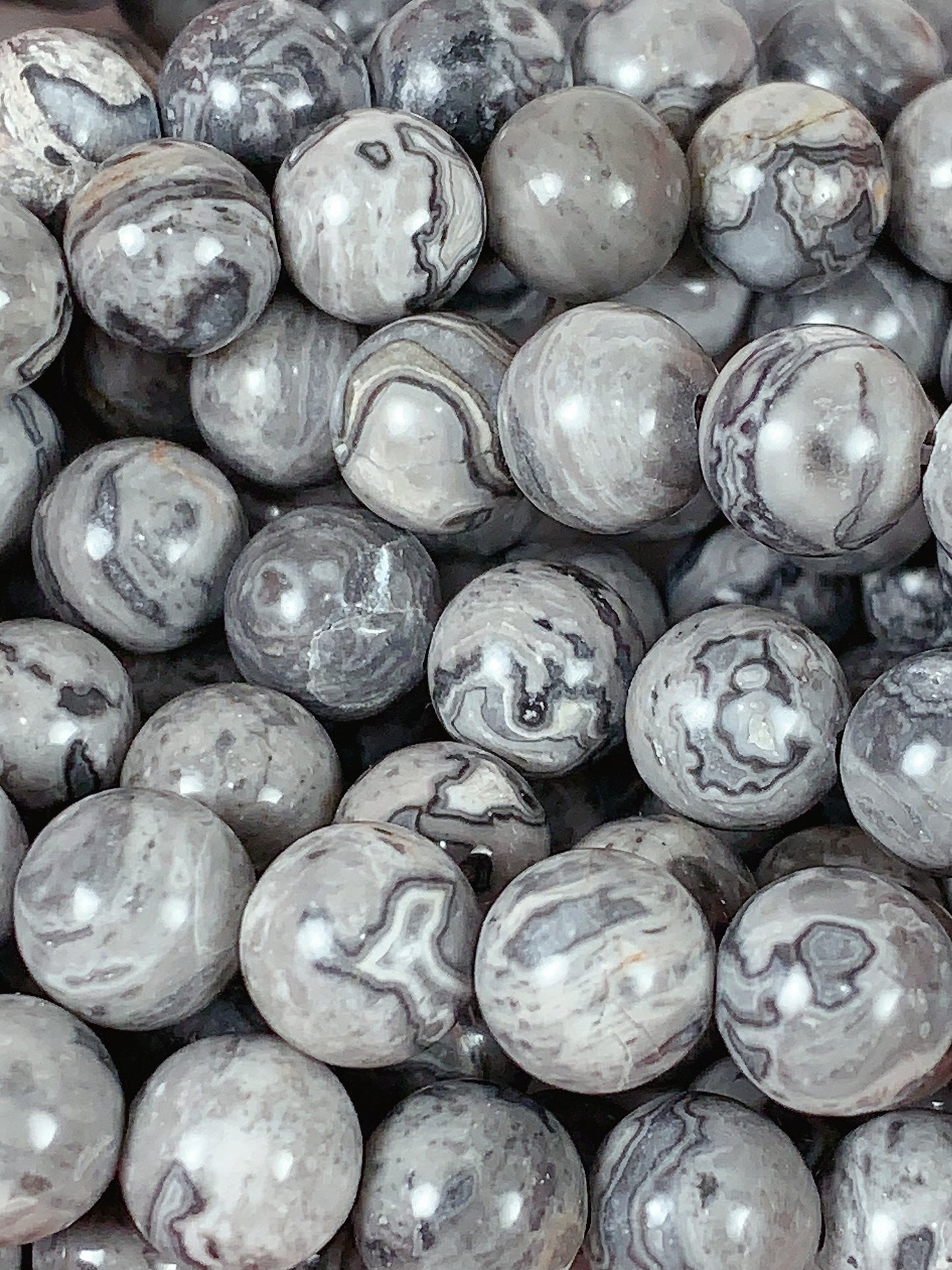 Gray Map Stone Jasper Smooth Round Beads: Natural  Strand 15.5" 4mm 6mm 8mm 10mm 12mm 14mm 16mm
