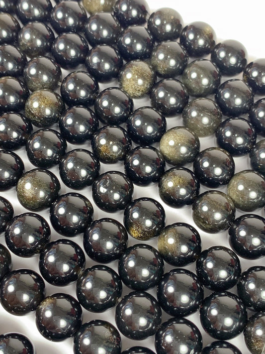 AAA Golden Obsidian Beads: Natural Black & Gold Round Gemstone Strand