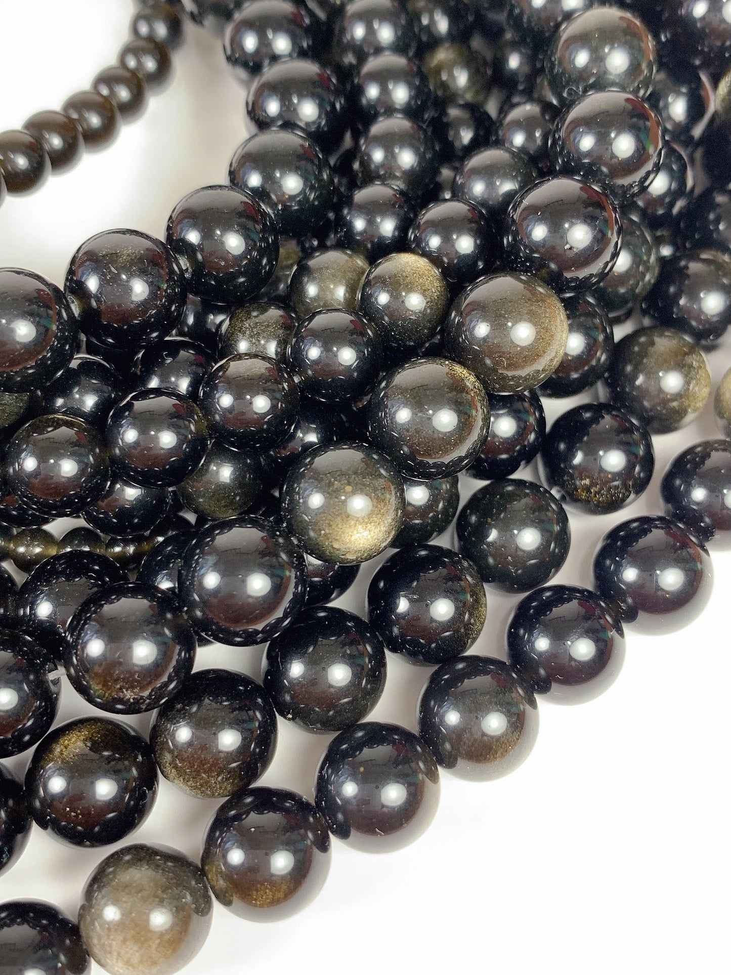 AAA Golden Obsidian Beads: Natural Black & Gold Round Gemstone Strand