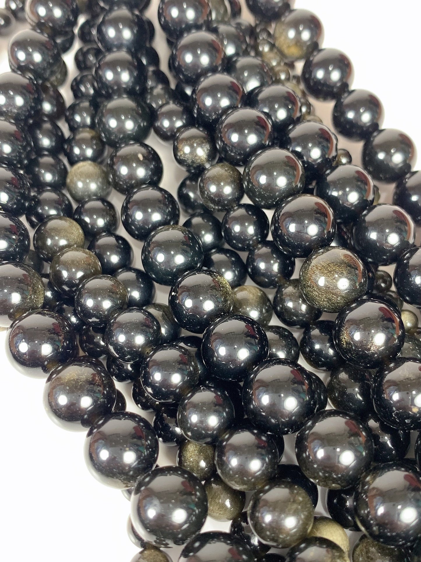 AAA Golden Obsidian Beads: Natural Black & Gold Round Gemstone Strand