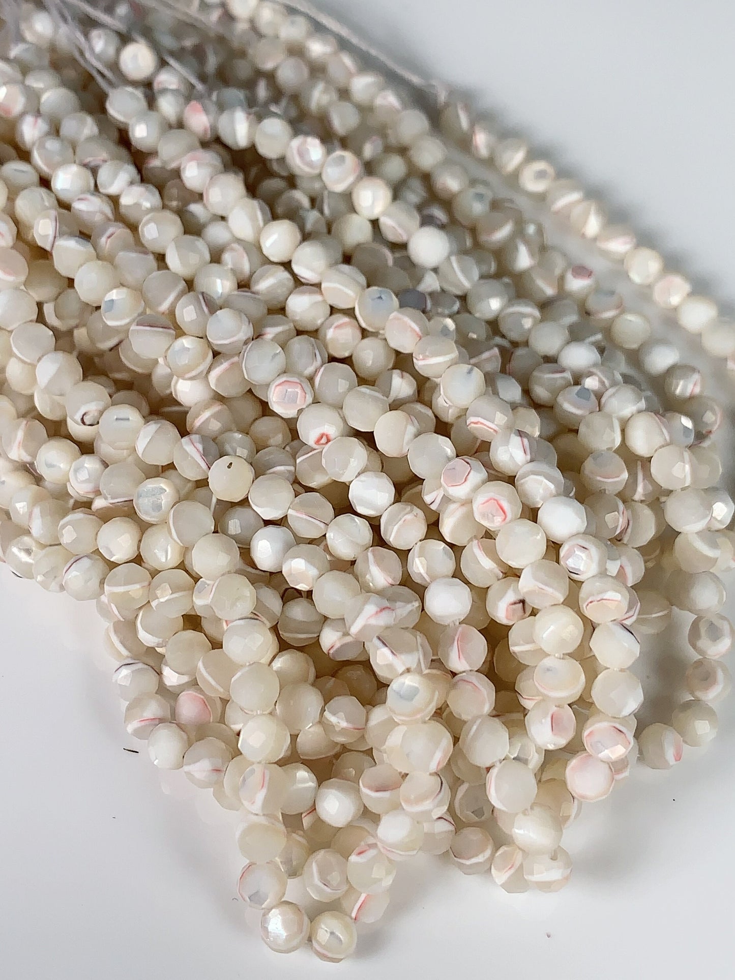 Faceted Mother of Pearl Beads: Natural Red and White, Round 2-4mm, 15.5" Strand