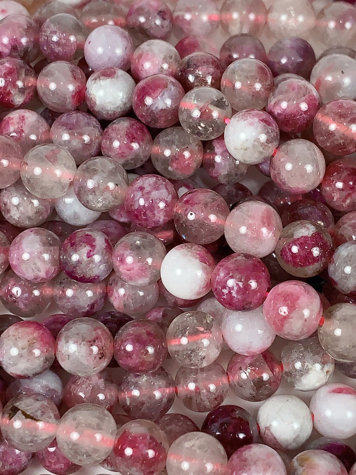 Natural Plum Blossom Pink Tourmaline Beads: Grade AA Smooth Rounds, 15.5" Strand