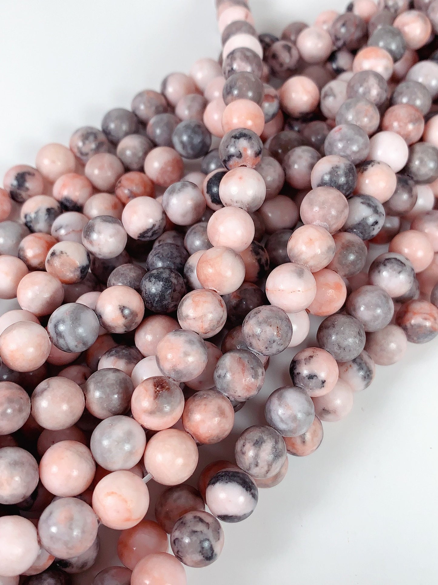 Pink Gray Zebra Jasper Beads: Natural Smooth Round Gemstone Strand