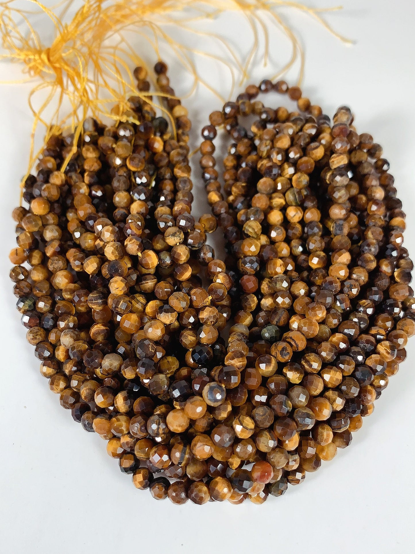 AAA Natural Yellow Golden Tigers Eyes Faceted Round Beads Gemstone Strand (15.5")