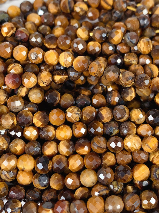 AAA Natural Yellow Golden Tigers Eyes Faceted Round Beads Gemstone Strand (15.5")