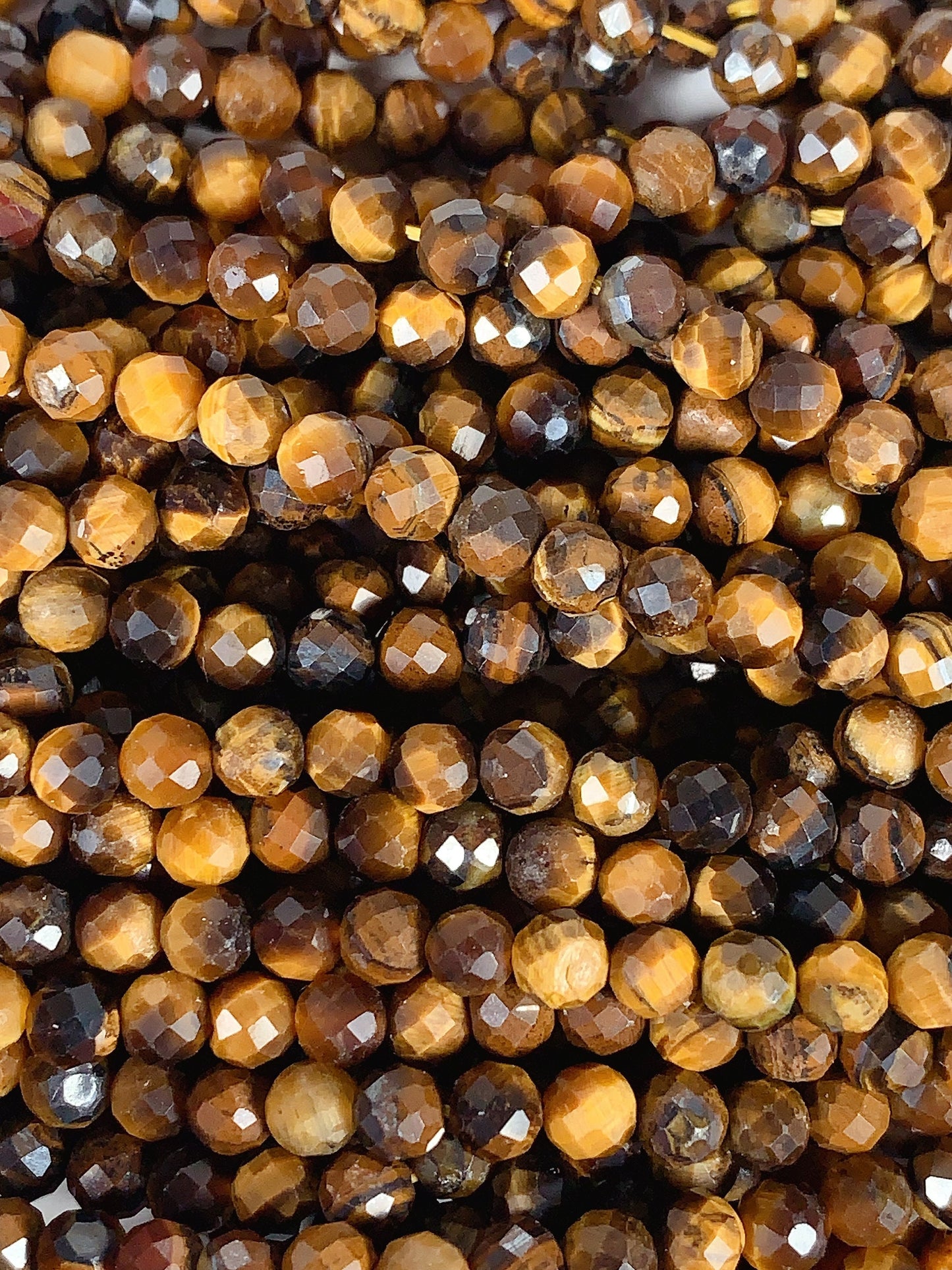 AAA Natural Yellow Golden Tigers Eyes Faceted Round Beads Gemstone Strand (15.5")