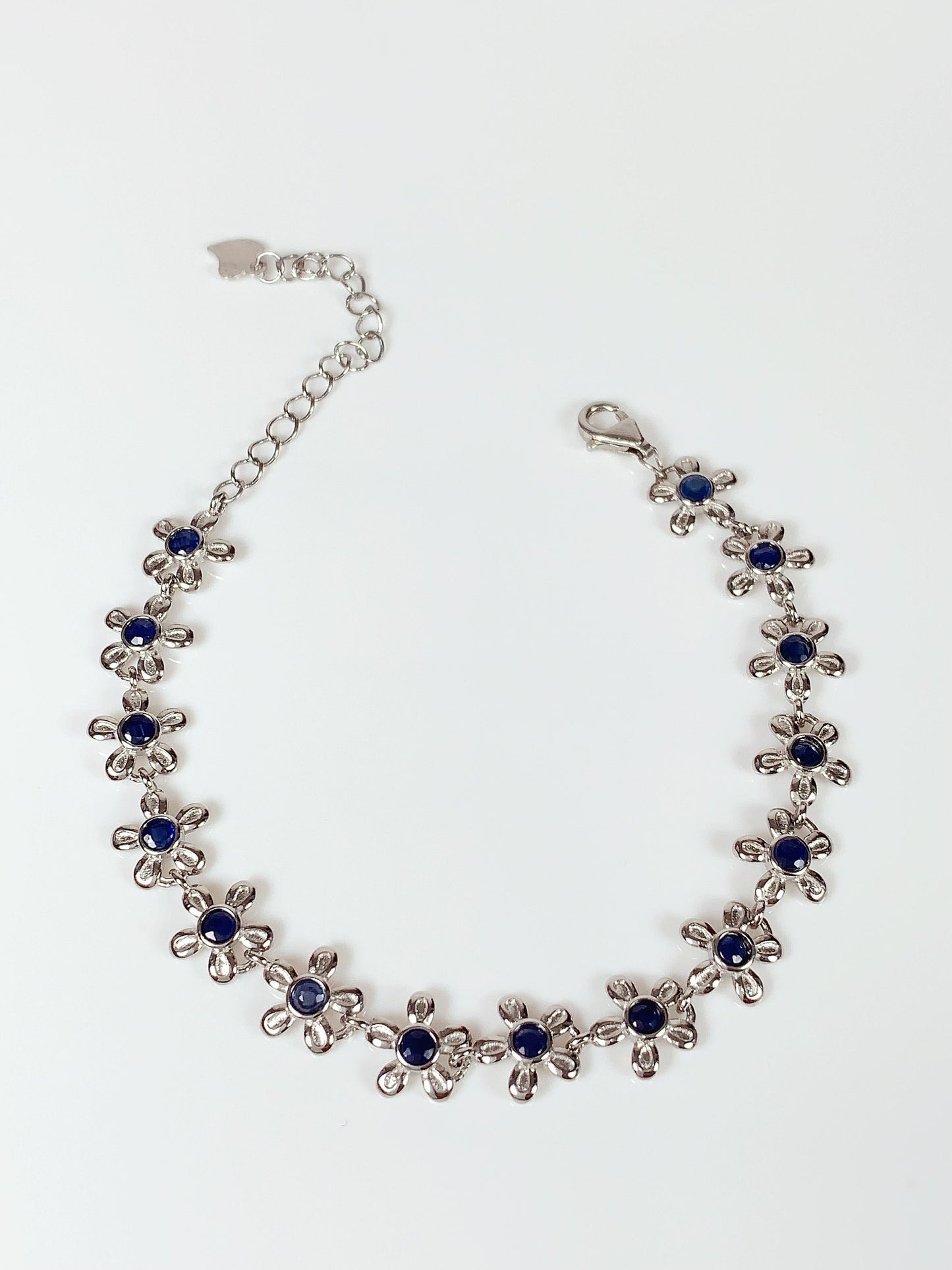 Blue Sapphire Flower Bracelet: 18K White Gold Plated Sterling Silver