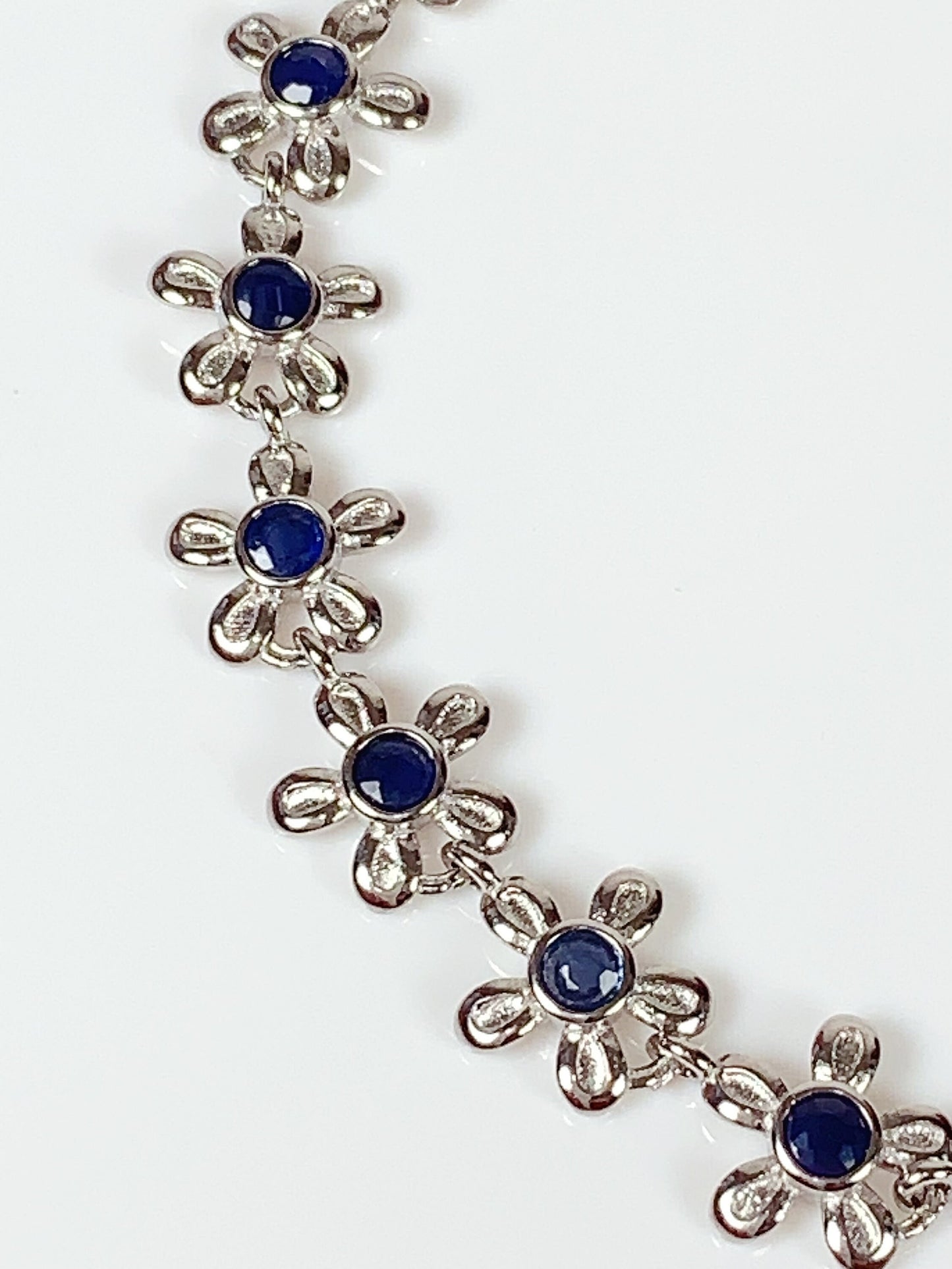 Blue Sapphire Flower Bracelet: 18K White Gold Plated Sterling Silver