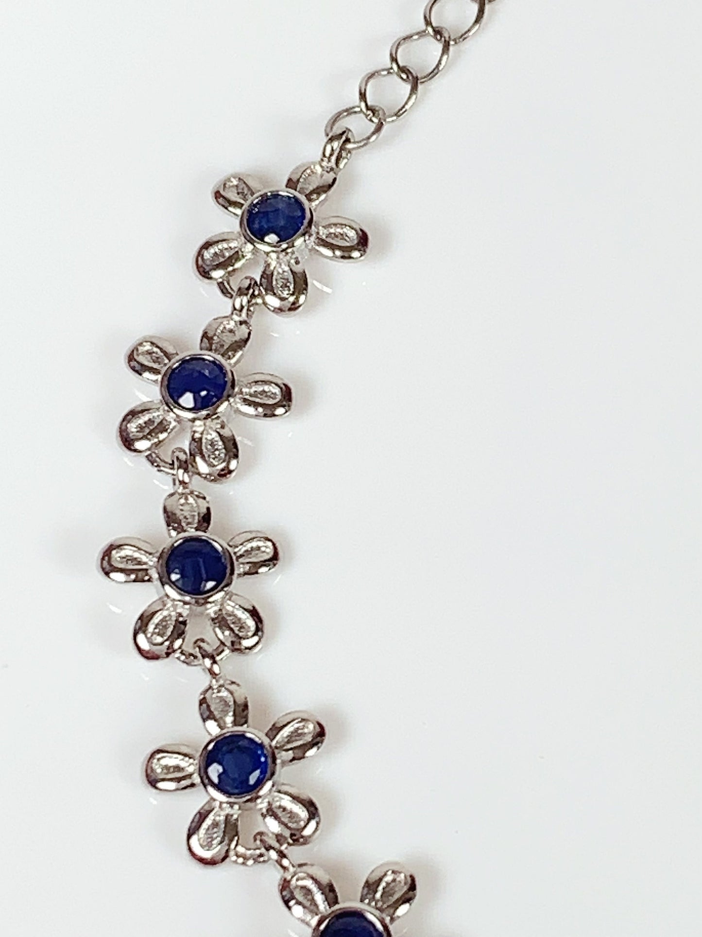 Blue Sapphire Flower Bracelet: 18K White Gold Plated Sterling Silver