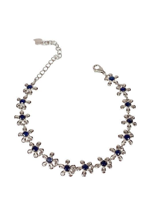 Blue Sapphire Flower Bracelet: 18K White Gold Plated Sterling Silver