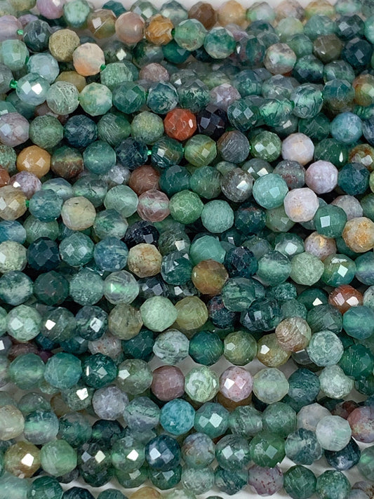 Faceted Red & Green Moss Agate Beads: Natural India Gemstone Strand