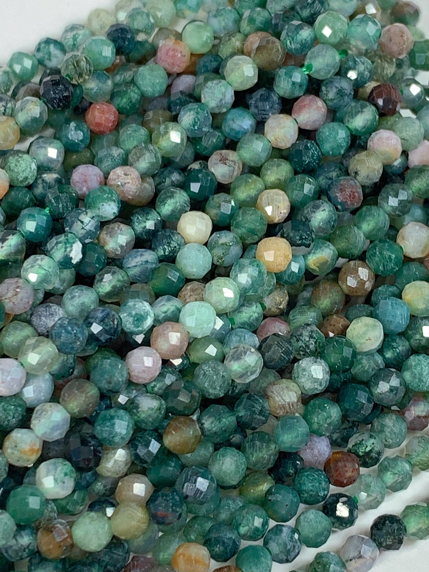 Faceted Red & Green Moss Agate Beads: Natural India Gemstone Strand