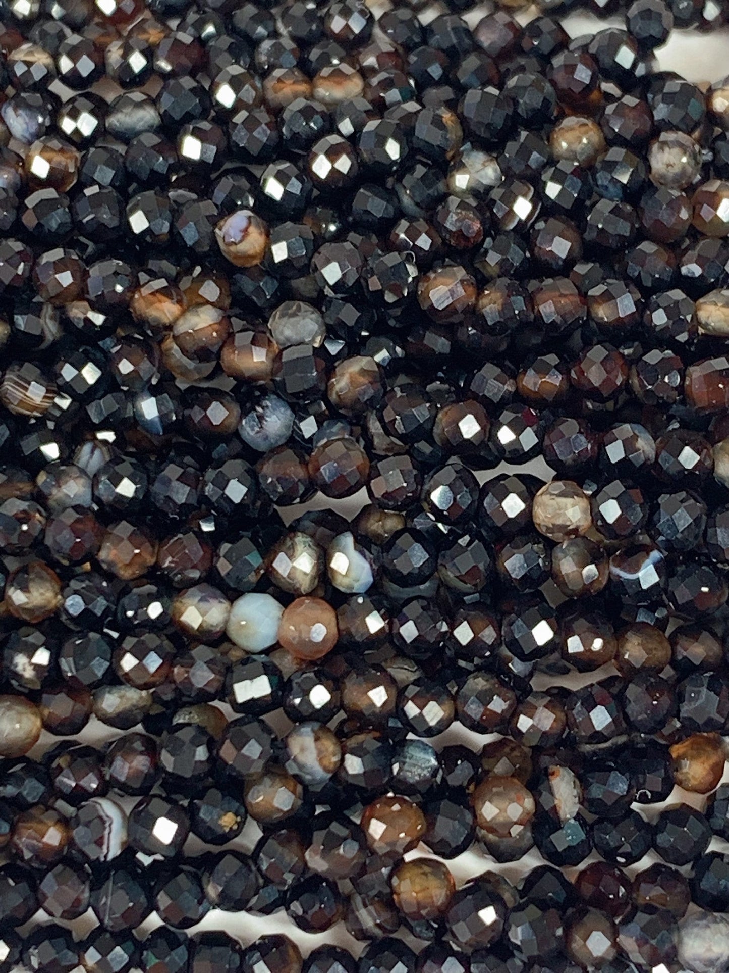 Faceted Black Brown Striped Agate Beads: Natural Gemstone Strand