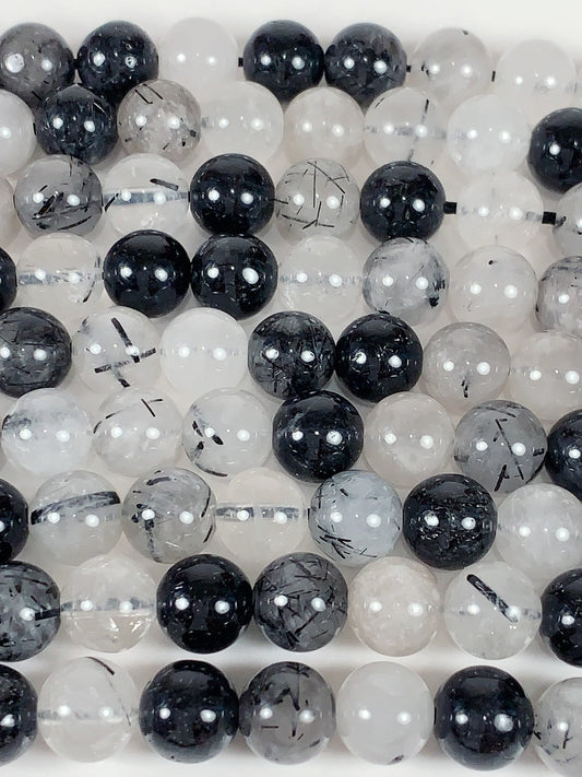 Black Tourmaline Rutilated Quartz Beads: Natural Gemstone Strand