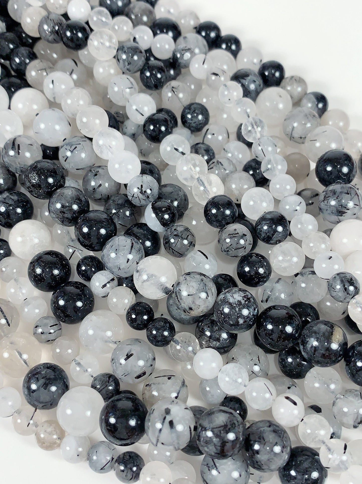 Black Tourmaline Rutilated Quartz Beads: Natural Gemstone Strand
