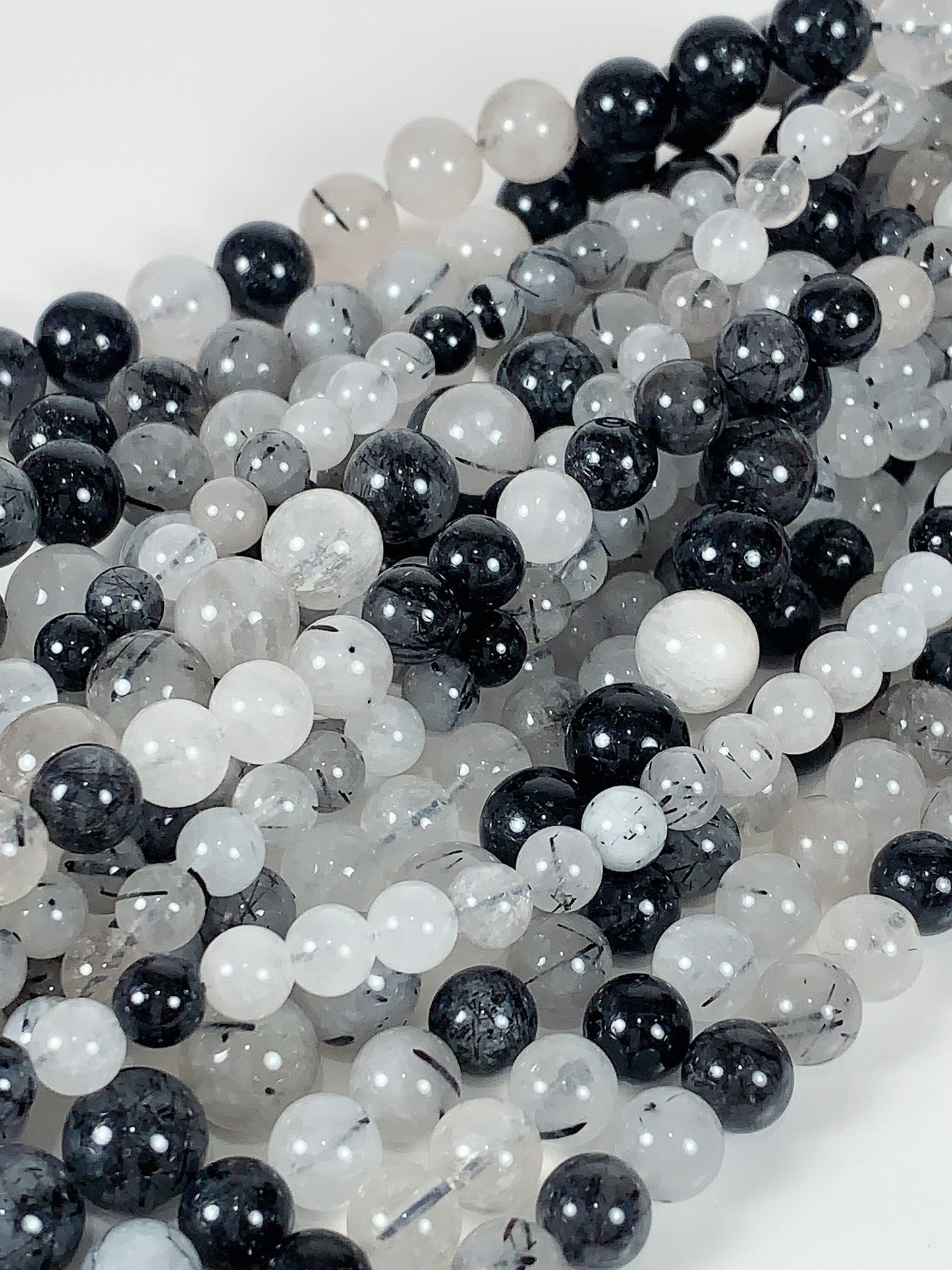 Black Tourmaline Rutilated Quartz Beads: Natural Gemstone Strand