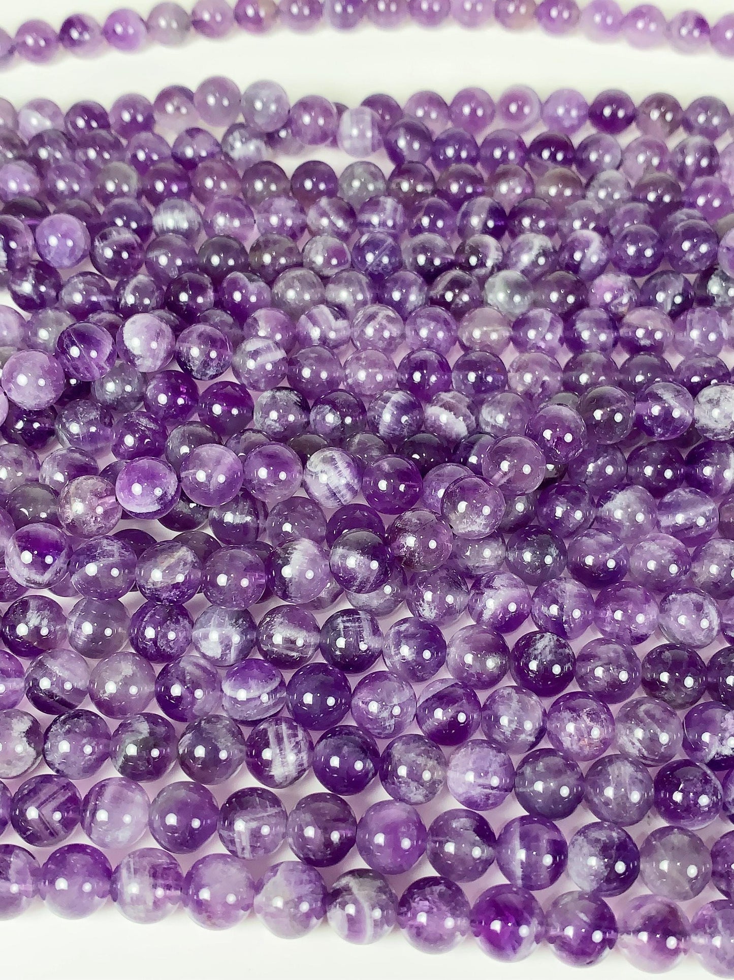Amethyst White Stripe Quartz Beads: Natural Smooth Round, 15.5" Strand
