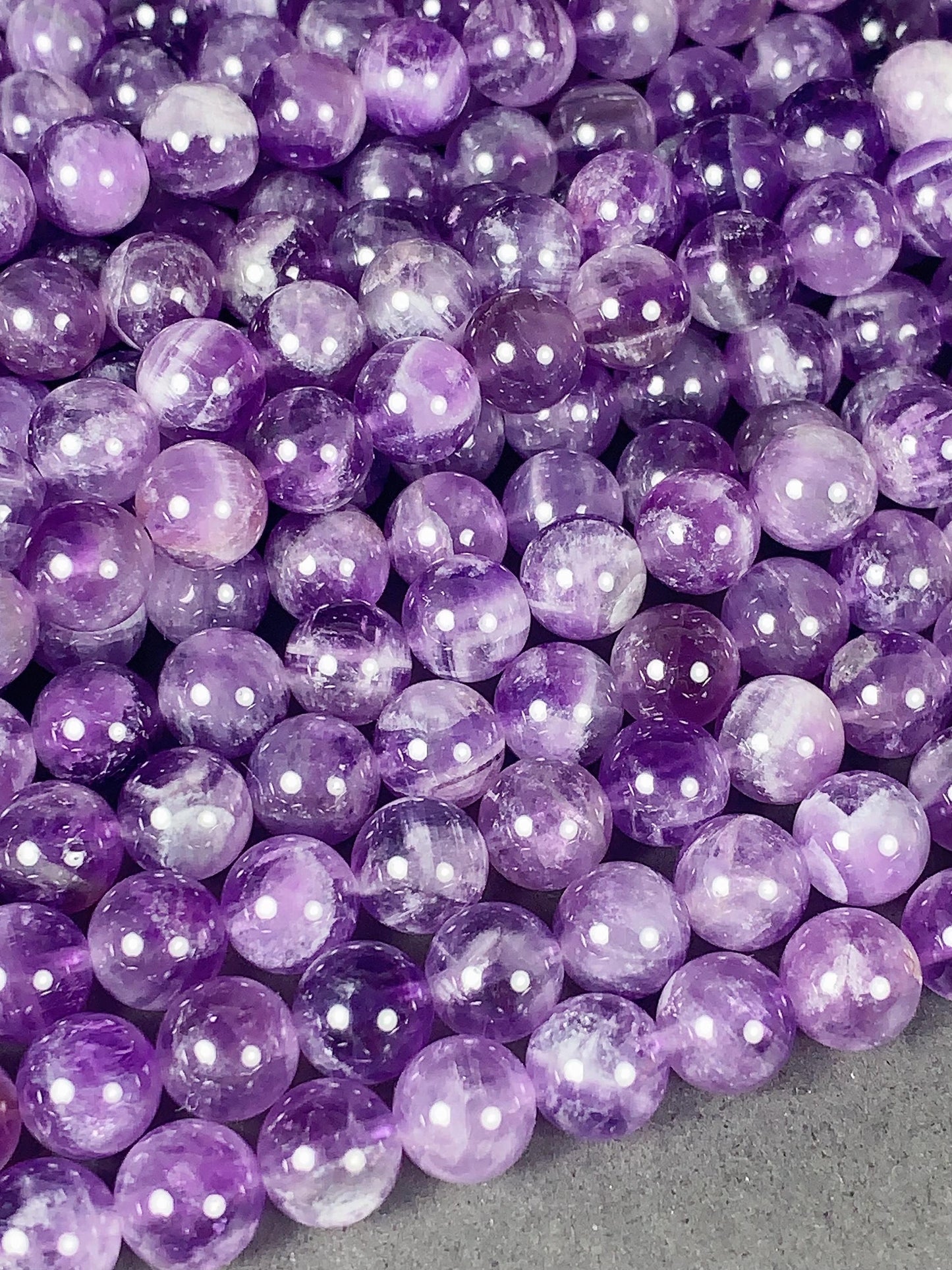 Amethyst White Stripe Quartz Beads: Natural Smooth Round, 15.5" Strand