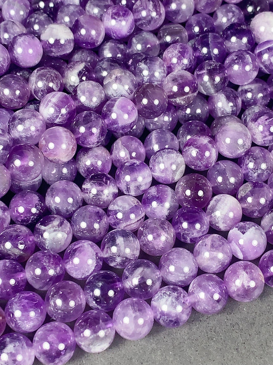 Amethyst White Stripe Quartz Beads: Natural Smooth Round, 15.5" Strand