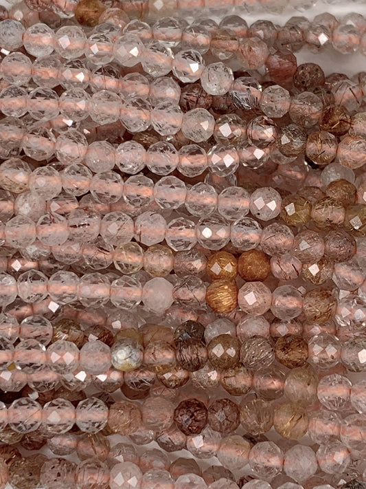 AAA Natural Gold Brown Clear Titanium Copper Rutilated Quartz Faceted Round Beads Gradient Shaded 15.5 Strand Micro Sparkle diamond