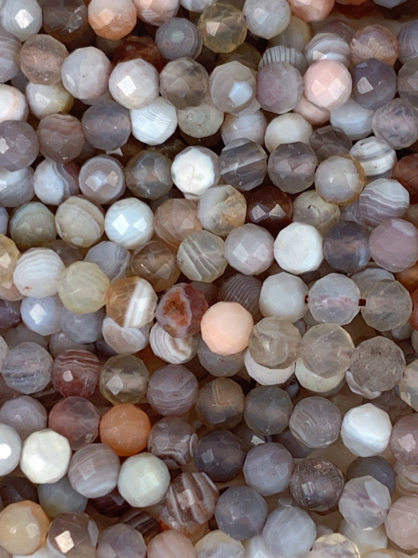 Faceted Botswana Agate Beads: Striped Orange Gray White Brown, 2mm 3mm 4mm, 15.5" Strand