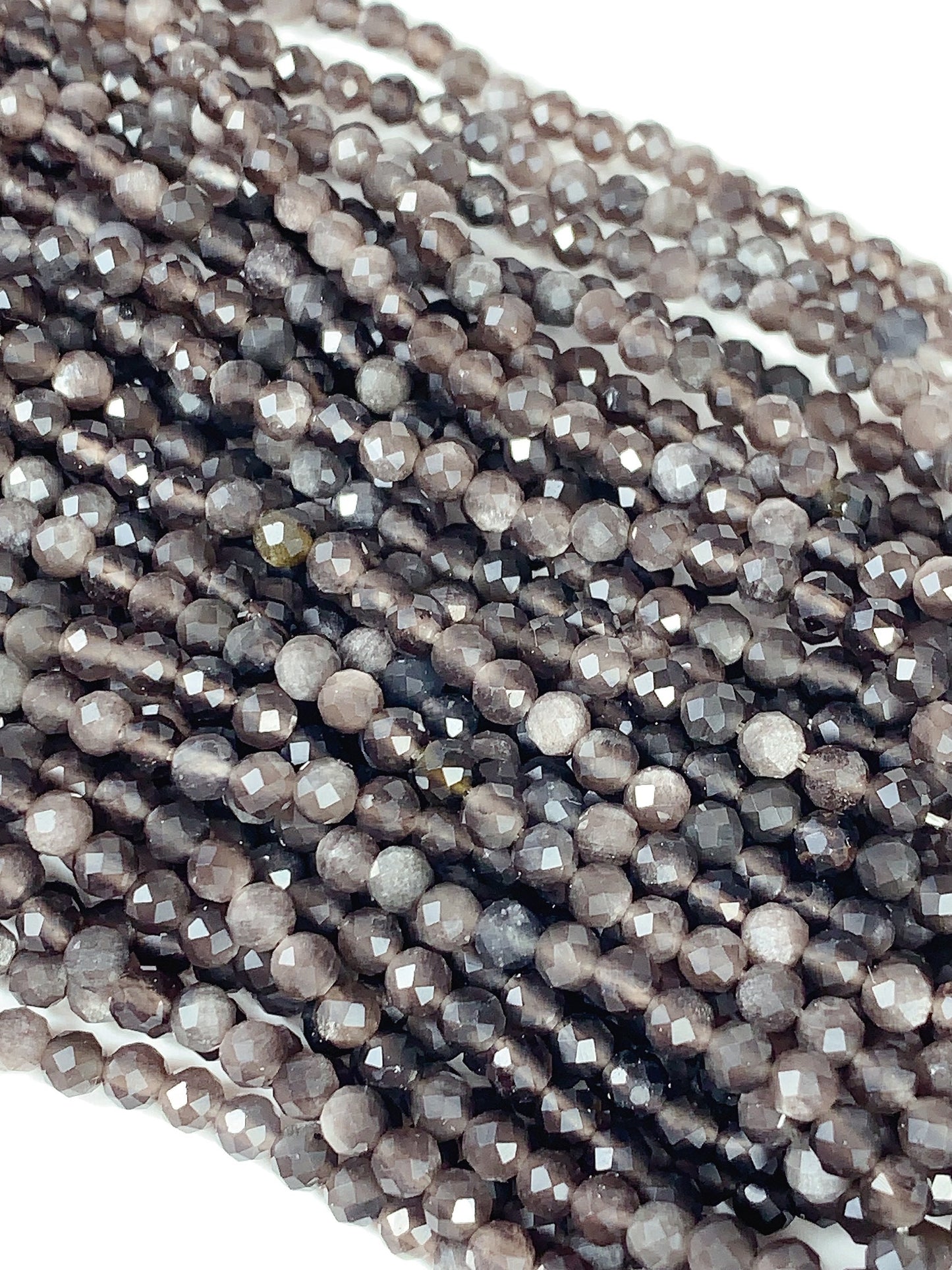 Grade AAA Genuine Natural Silver Obsidian  Faceted Round Beads 15.5" Strand 2mm 3mm 4mm