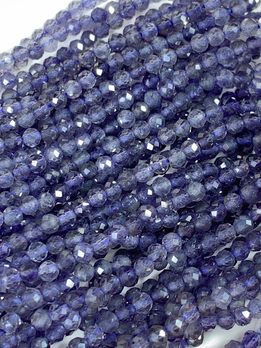 AAA Natural Blue Iolite Cordierite Faceted Round Beads (15.5" Strand)