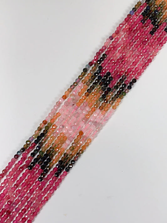 Rainbow Tourmaline Faceted Round Beads: Black, Green, Pink, Orange (15.5" Strand)