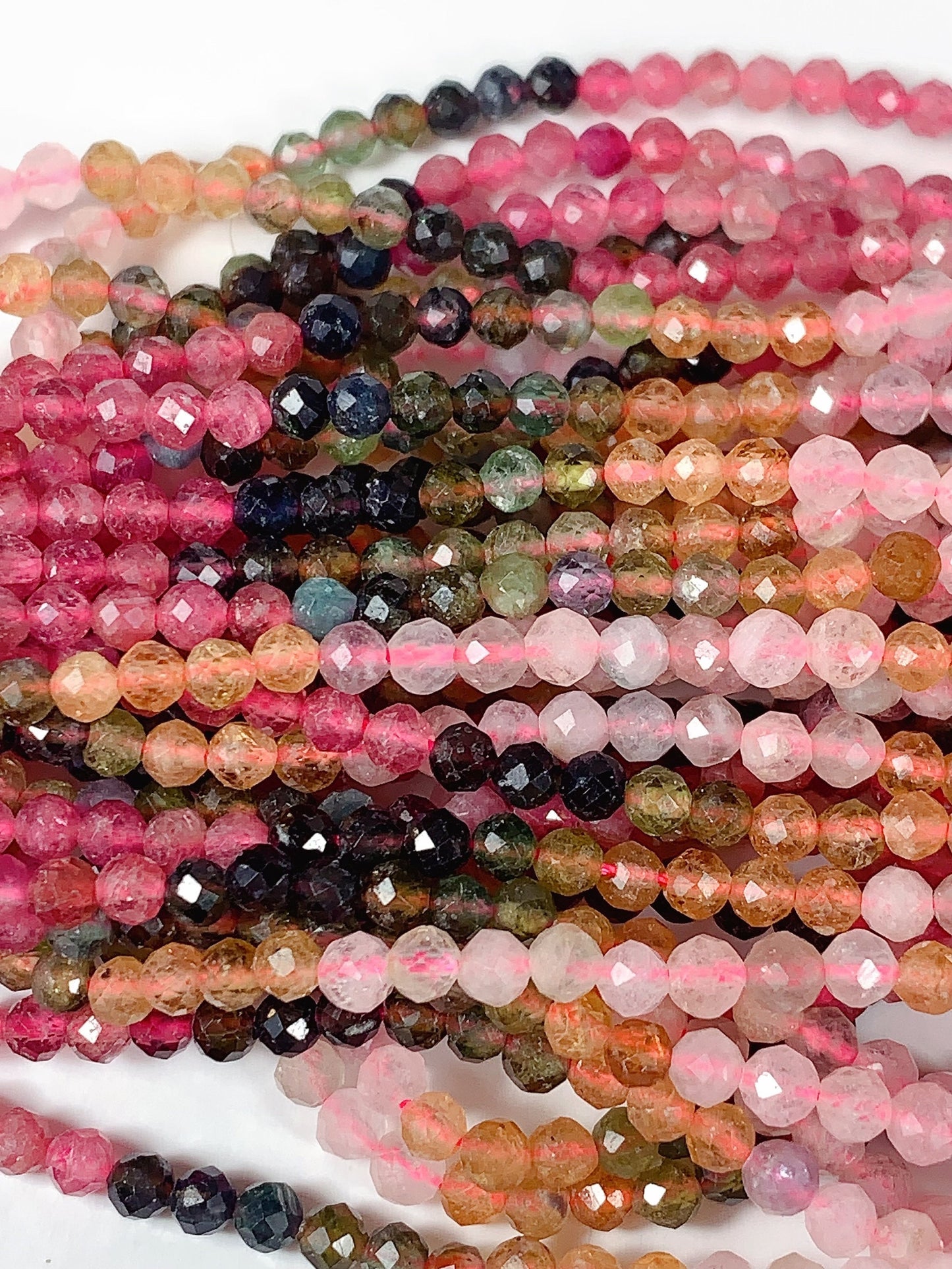 Rainbow Tourmaline Faceted Round Beads: Black, Green, Pink, Orange (15.5" Strand)
