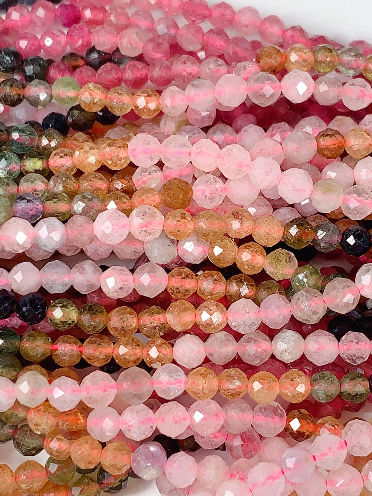Rainbow Tourmaline Faceted Round Beads: Black, Green, Pink, Orange (15.5" Strand)