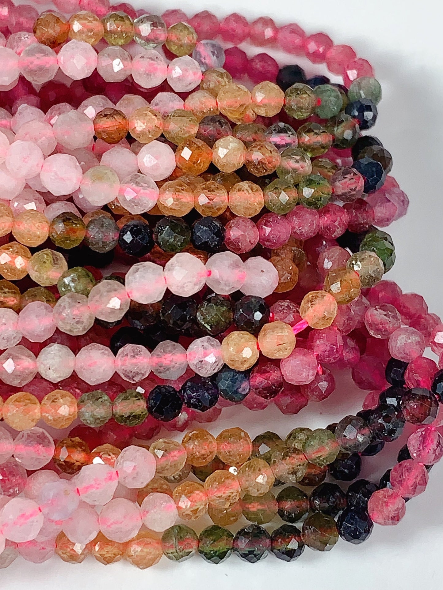 Rainbow Tourmaline Faceted Round Beads: Black, Green, Pink, Orange (15.5" Strand)