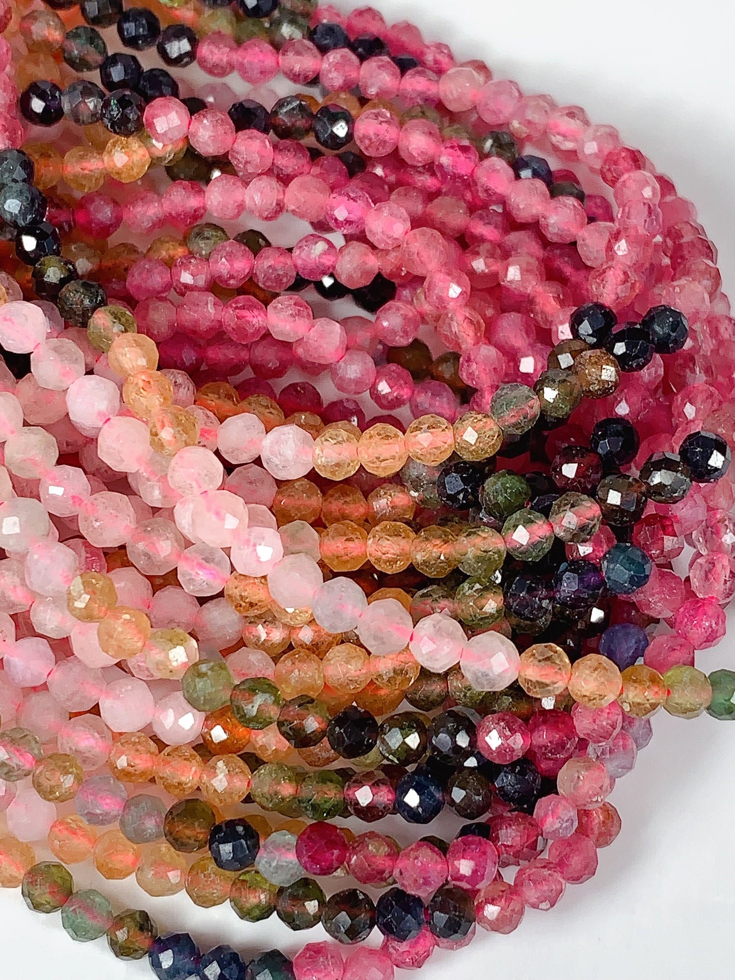 Rainbow Tourmaline Faceted Round Beads: Black, Green, Pink, Orange (15.5" Strand)
