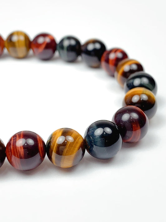 Natural Tiger's Eye Stretch Bracelet: Red, Blue, Gold, 8mm Beads