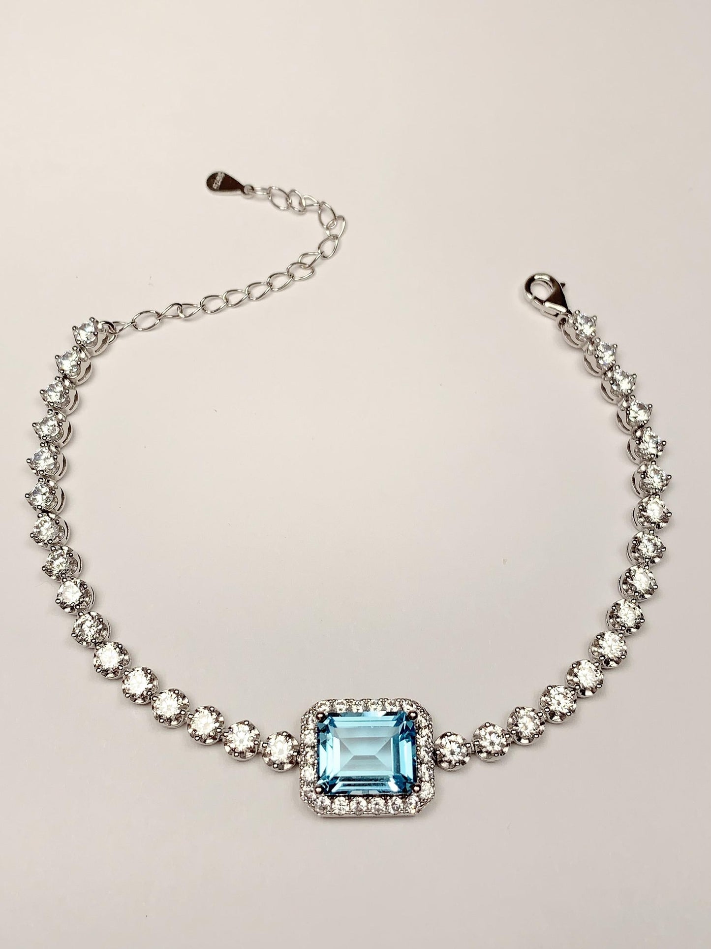 10mm X 8mm Grade AAA Genuine Natural Blue Topaz rectangle Cut 18K white Gold Plated S 925Sterling Silver Bracelet birthstones