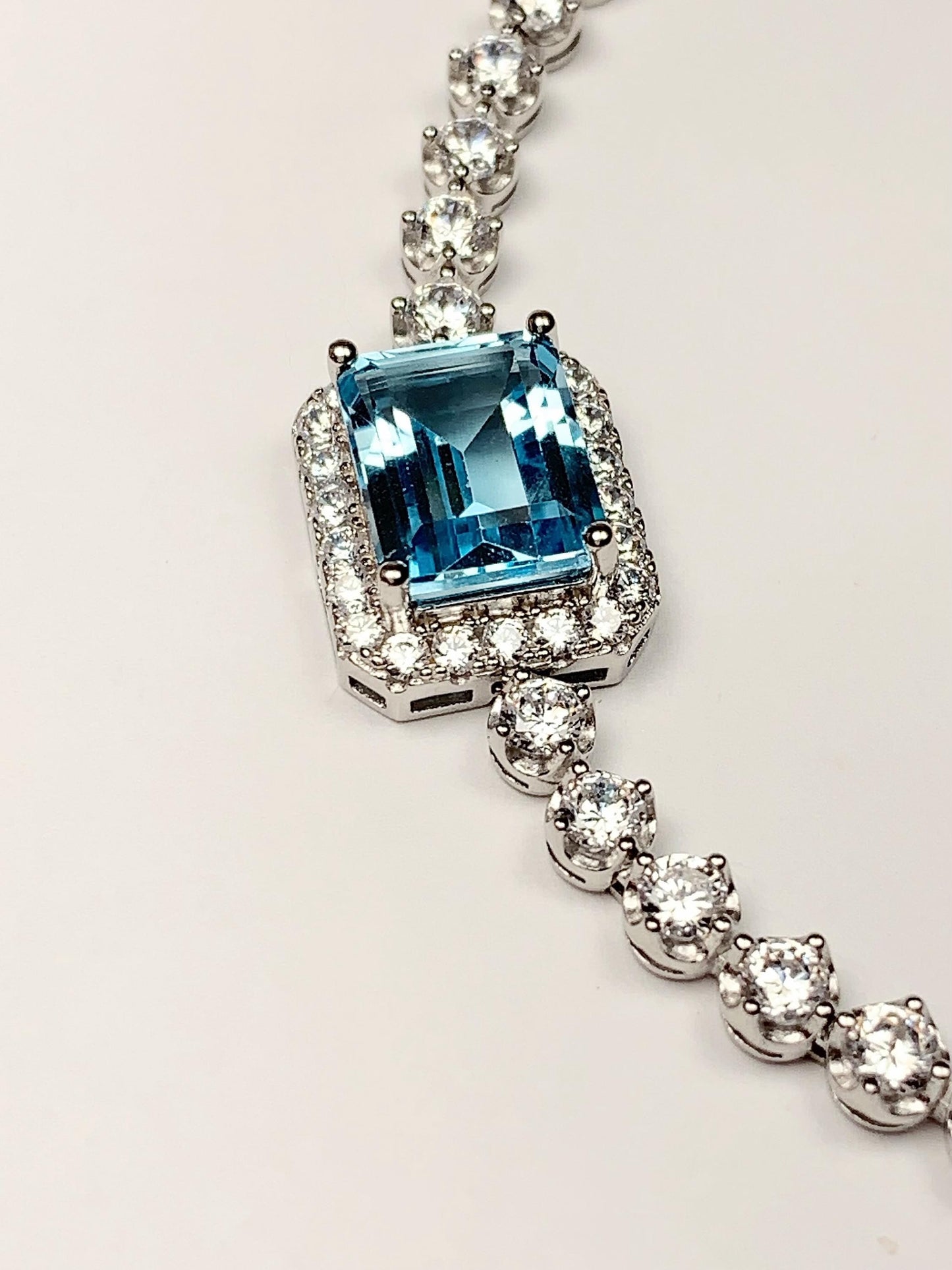 10mm X 8mm Grade AAA Genuine Natural Blue Topaz rectangle Cut 18K white Gold Plated S 925Sterling Silver Bracelet birthstones