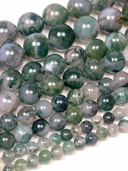 Natural Green Moss Agate Beads: Smooth Round Gemstone Strand