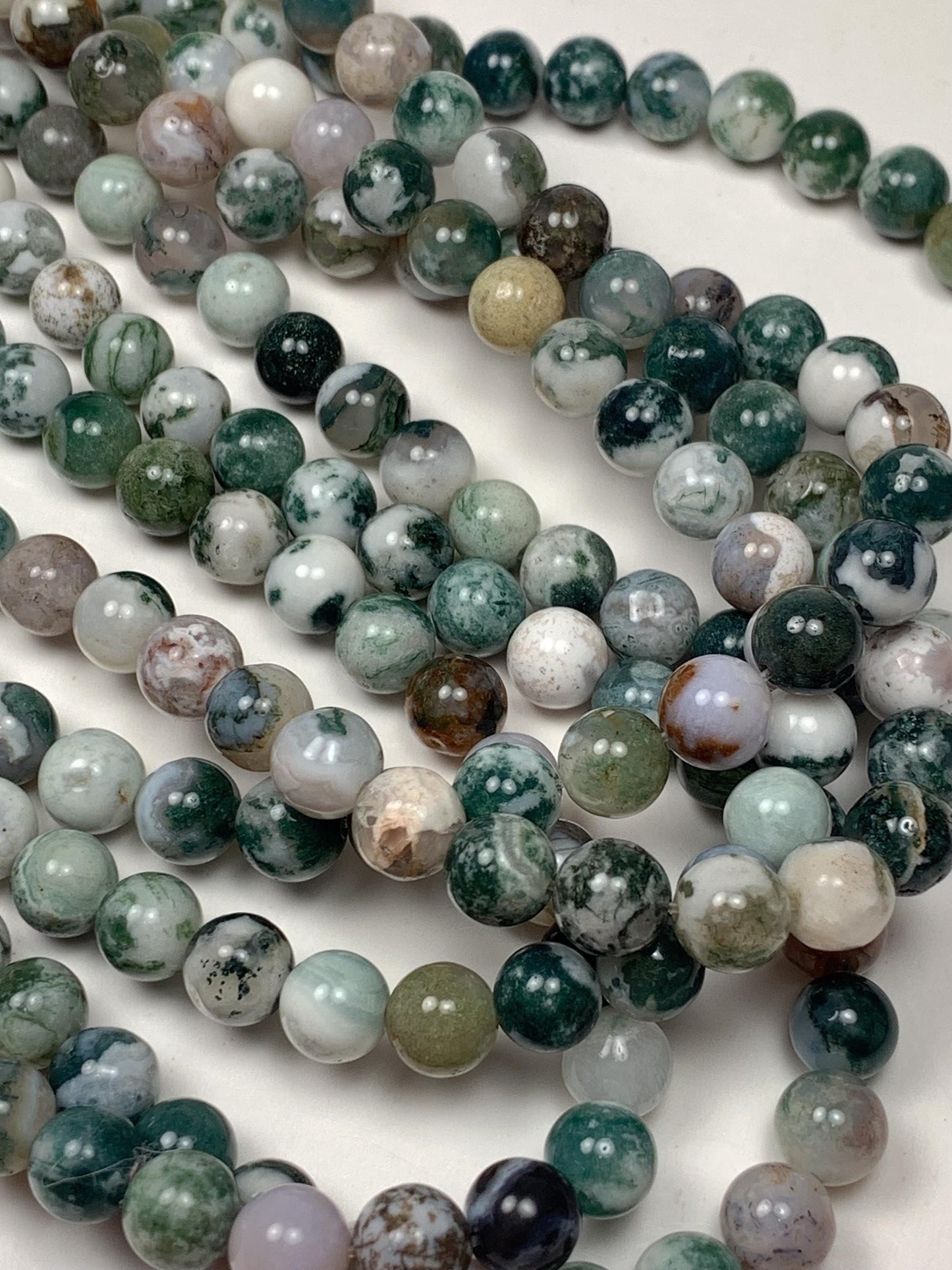 Natural Green Tree Agate Smooth Round Beads:  Gemstone Strand (15.5")