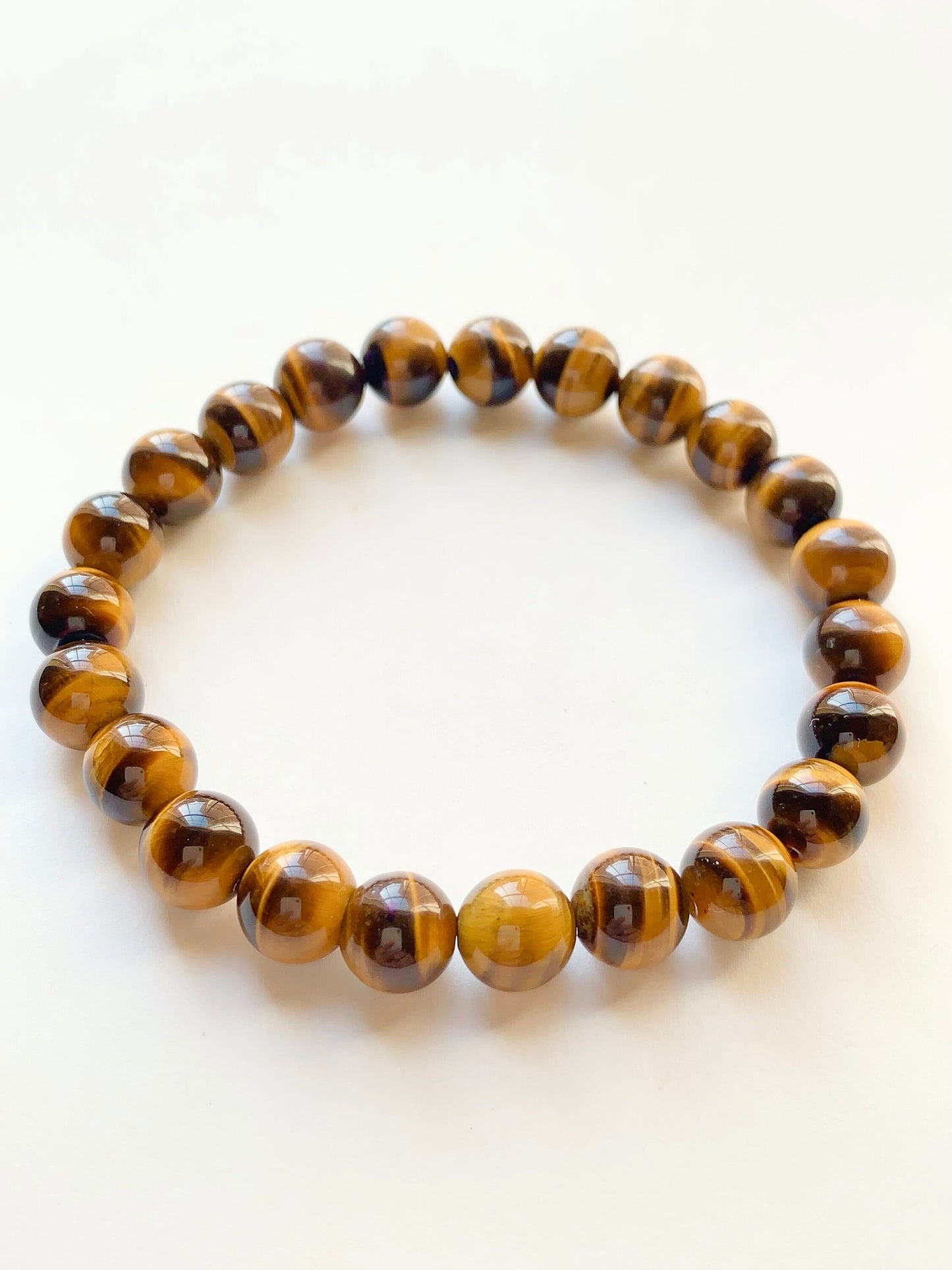 Lightning pattern Zigzag Chatoyancy AAA+ Natural Yellow Gold Tigers Eye Smooth Round Stretch Bracelet 8mm