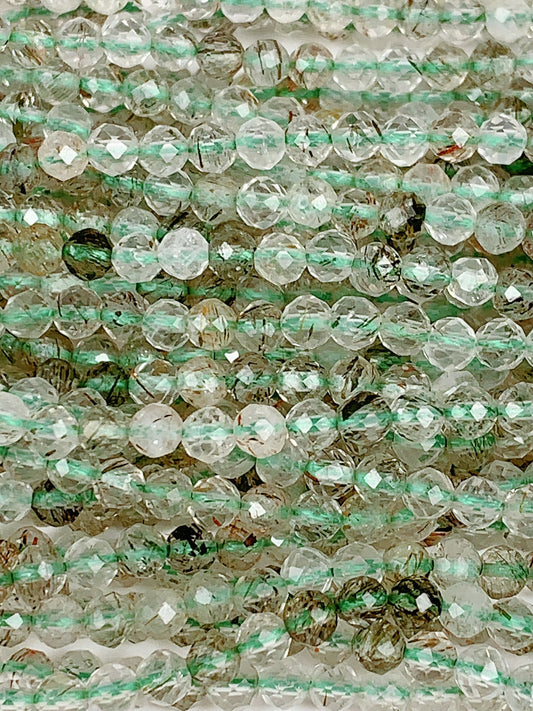 Genuine Natural Green Tourmaline Rutilated Quartz Faceted Round Beads 15.5" Strand 2mm 3mm 4mm