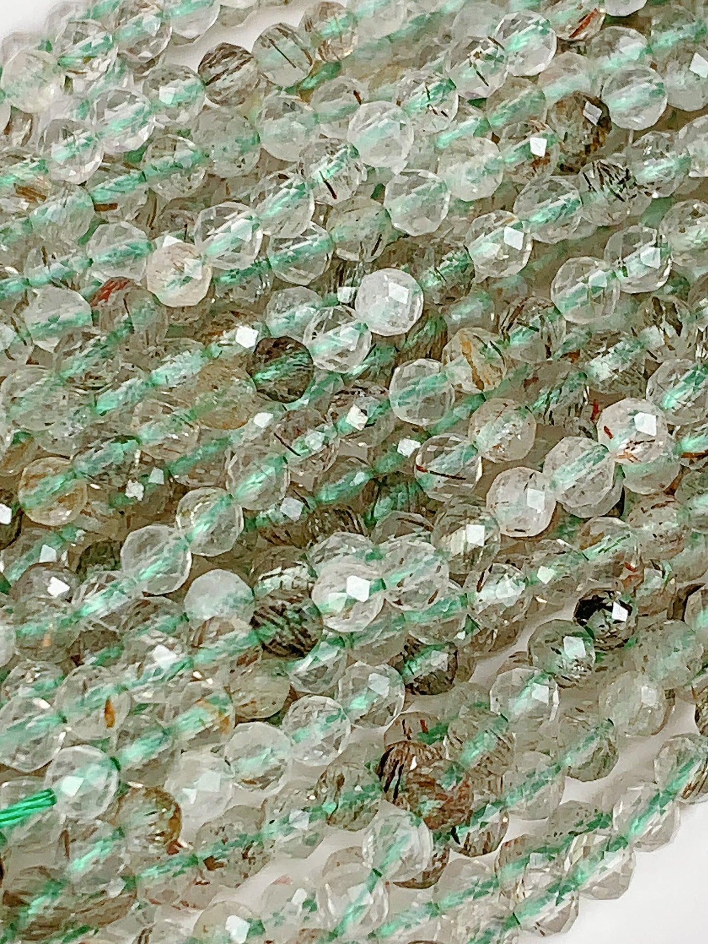 Genuine Natural Green Tourmaline Rutilated Quartz Faceted Round Beads 15.5" Strand 2mm 3mm 4mm