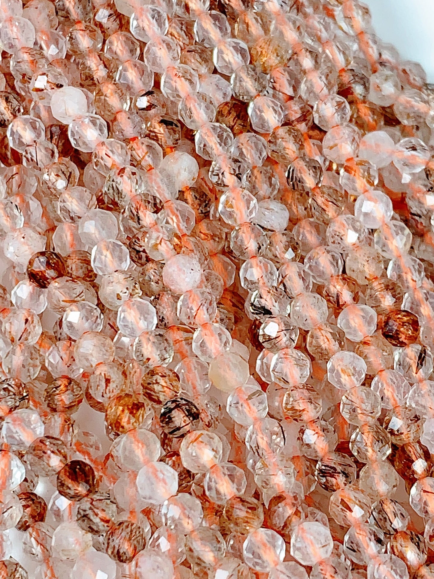 Faceted Copper Rutilated Quartz Beads: Natural Titanium, 2mm 3mm 4mm, 15.5" Strand
