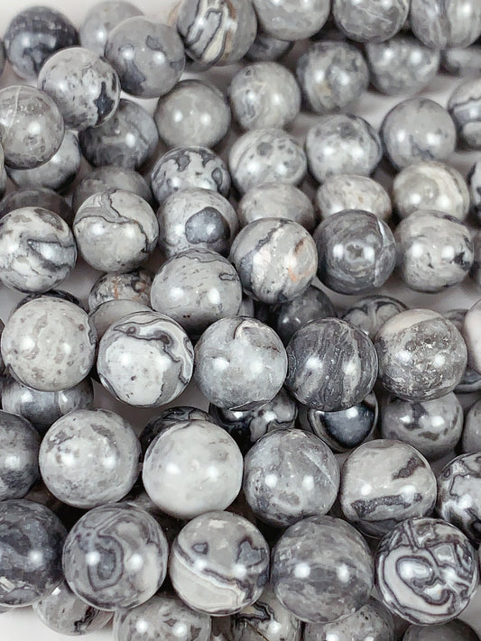 Gray Map Stone Jasper Smooth Round Beads: Natural  Strand 15.5" 4mm 6mm 8mm 10mm 12mm 14mm 16mm