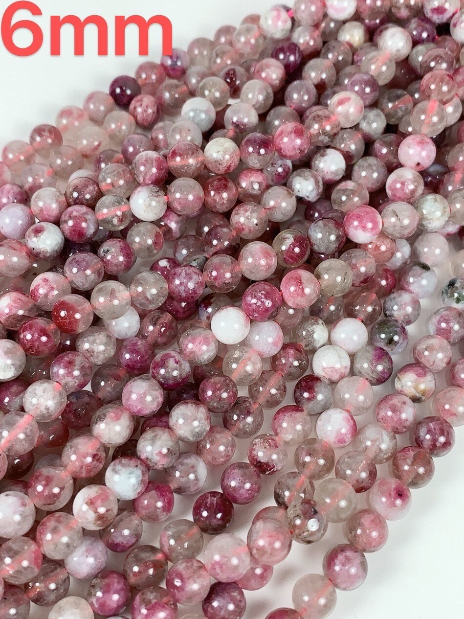 Natural Plum Blossom Pink Tourmaline Beads: Grade AA Smooth Rounds, 15.5" Strand