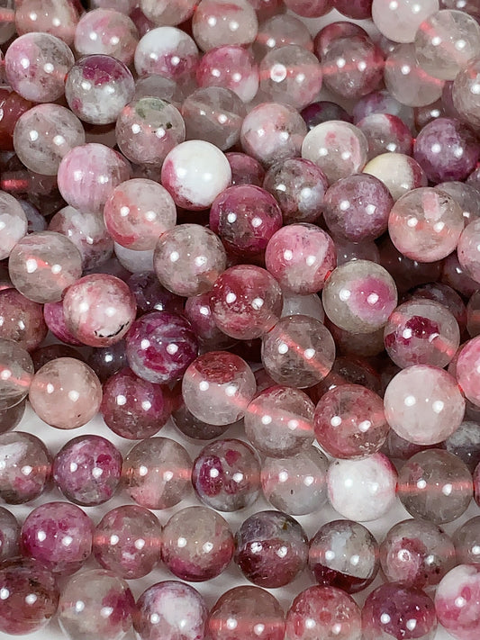 Natural Plum Blossom Pink Tourmaline Beads: Grade AA Smooth Rounds, 15.5" Strand