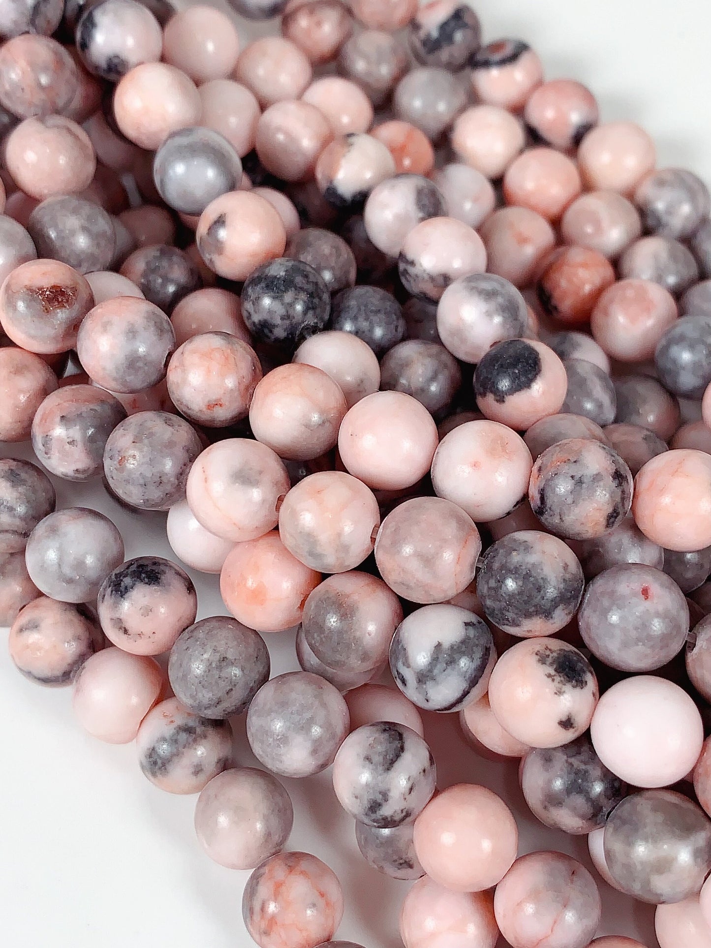 Pink Gray Zebra Jasper Beads: Natural Smooth Round Gemstone Strand